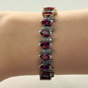 Vintage 7.5” Garnet Marcasite Bracelet 925 Sterling Silver Thailand Art Deco